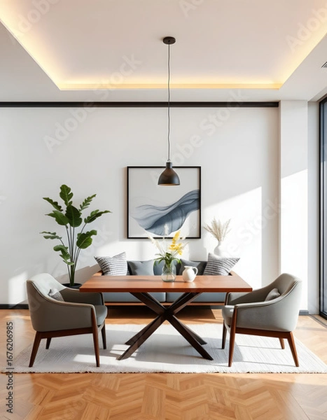 Obraz Modern home living room interior with chairs and eating table, mockup frame, isometry. isolated with white highlights