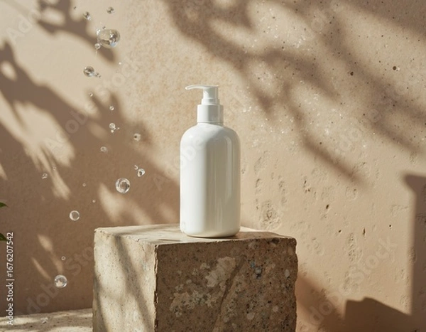 Fototapeta Minimalist white lotion bottle on stone block with bubble shadows in sunlit setting