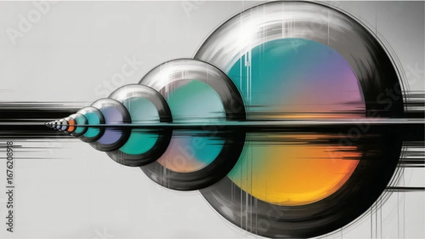 Fototapeta abstract technology background, Abstract futuristic illustration of infinite metallic spheres with colorful gradient reflections
