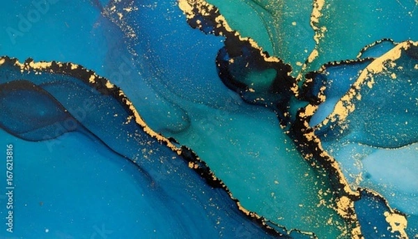 Fototapeta Abstract fluid art with blues and gold