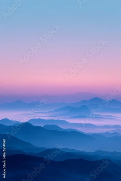 Fototapeta Hazy dawn unfolds over foggy hills, creating depth and silence in a calm, moody natural landscape.