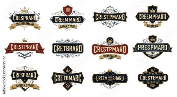Fototapeta Collection of ornate vintage crests and logos with elaborate decorative elements and banners