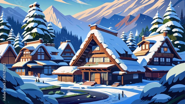 Fototapeta Shirakawa-go, Japan
Thatched-roof farmhouses rise amid snow-covered valleys, their steep gables blending perfectly with mountain winters, preserving centuries of rural wisdom and architectural harmony