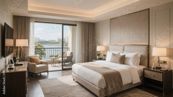 Obraz Modern Elegant Hotel Bedroom with Large Window and Balcony View