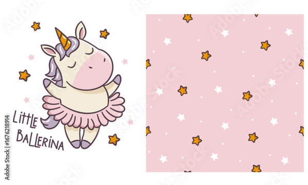 Fototapeta Vector set for printing on children's products. A cute pony ballerina dances ballet, lettering. Seamless vector pattern with stars. Vector illustration
