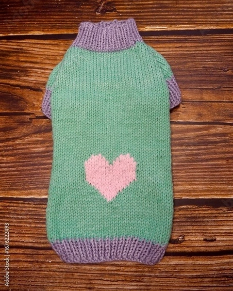 Fototapeta top view of knitted mint dog sweater with pink heart on wooden background . warm pet clothes . handmade