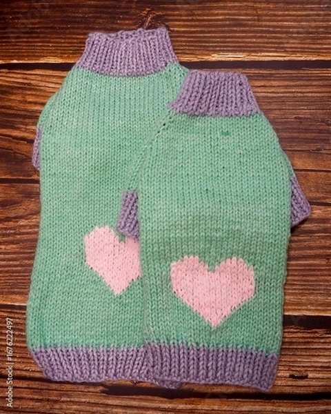 Fototapeta top view of knitted mint dog sweaters with pink heart and gray elastic of different sizes on wooden background . warm pet clothes . handmade