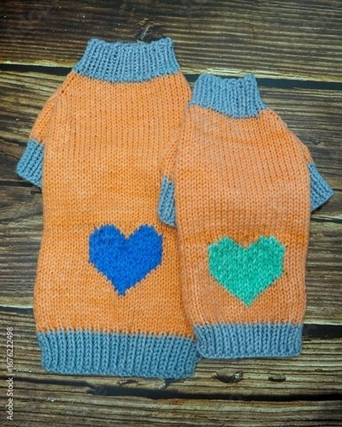 Fototapeta top view of knitted orange dog sweater with blue and mint heart and gray elastic of different sizes . warm clothes for pets . cozy