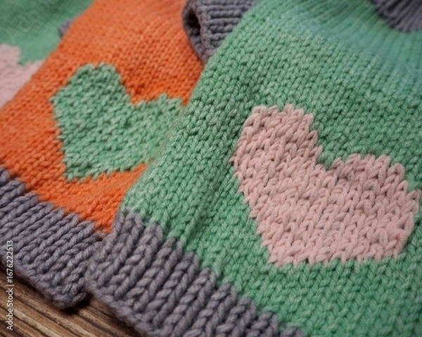 Fototapeta side view of knitted orange and mint dog sweaters with hearts and gray elastic of different sizes on wooden background . warm pet clothes . handmade
