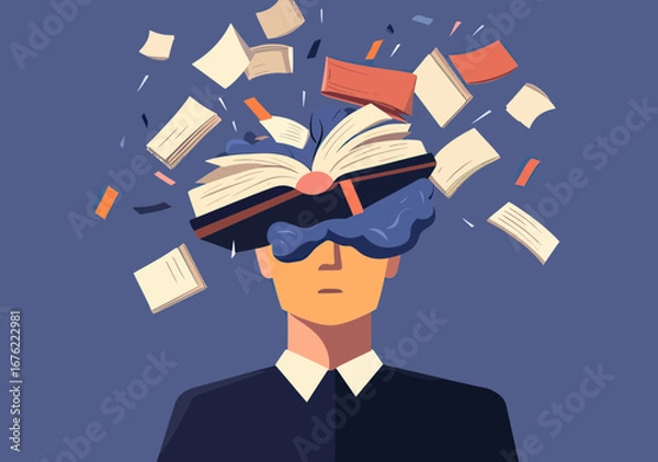 Fototapeta Abstract male figure with open head turning into flying book pages and scattered papers, concept of knowledge release and mental freedom in flat minimalist style
