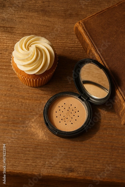 Obraz Vintage Flat Lay with Cupcake and Compact Powder