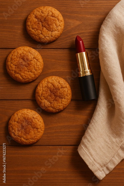 Obraz Cinnamon Cookies with Red Lipstick on Wooden Table