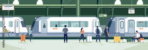 Fototapeta Modern city train platform with diverse passengers waiting for regional train departure at central station in flat minimal vector style illustration