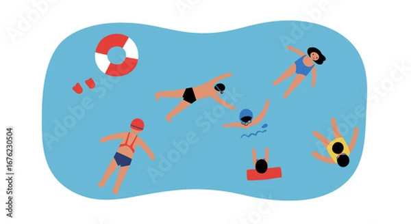 Fototapeta Flat design pool scene with people swimming and relaxing