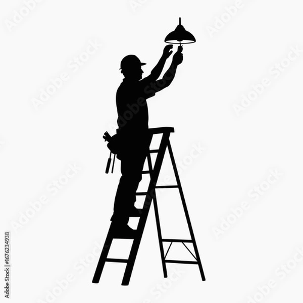 Fototapeta Silhouette of an electrician working on a light fixture while standing on a ladder