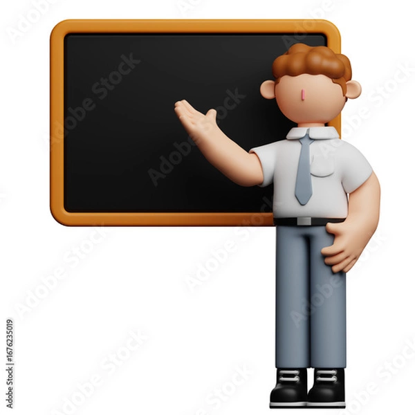 Fototapeta 3D rendered illustration of a teacher standing in front of a chalkboard, gesturing with his hand.