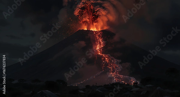 Fototapeta Volcanic Eruption at Night: Fiery Lava Flow Cascading Down Active Volcano
