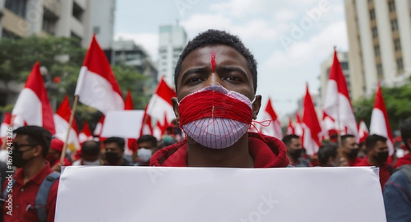 Fototapeta Activist in red and white mask holds blank sign at a protest rally amidst a crowd with flags.