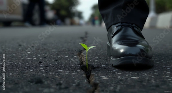 Fototapeta Resilient green sprout growing through cracked asphalt road near a business shoe, symbolizing new life and overcoming urban challenges.
