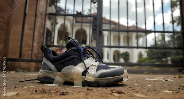 Fototapeta Modern athletic shoe on dusty ground with ornate gate and elegant mansion in background, urban style