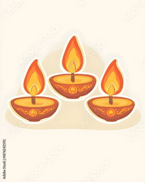 Fototapeta A PNG sticker of three tiny diya lamps placed in a row, glowing with golden flames, designed in a whimsical minimal style with flat pastel tones, clean bold outlines, and a white border for a festive 