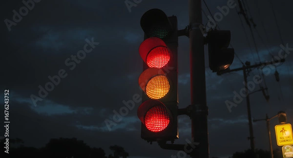 Fototapeta Red and Amber Traffic Light Glowing at Night Under a Dark, Cloudy Sky
