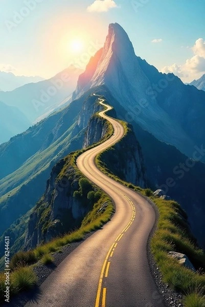 Fototapeta A winding road ascending a mountain, representing the journey of a career path, with sunlight illuminating the peak ahead, symbolizing success and achievement , goal, ambition