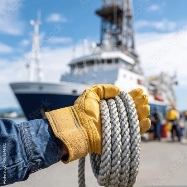 Fototapeta A gloved hand holds a thick coiled rope with a large research vessel docked in the blurred background under a clear sky.