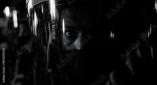 Fototapeta Intense Gaze Through Protective Face Shield in High Contrast Black and White