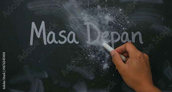 Fototapeta Hand Writing 'Masa Depan' (Future) in Indonesian on a Dusty Black Chalkboard, Symbolizing Planning, Education, and New Opportunities