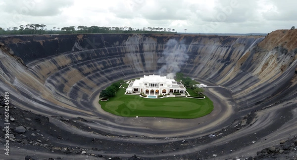 Fototapeta Luxurious White Mansion and Green Lawn with Pool, Secluded Deep Within a Massive, Layered Earth Pit Under an Overcast Sky