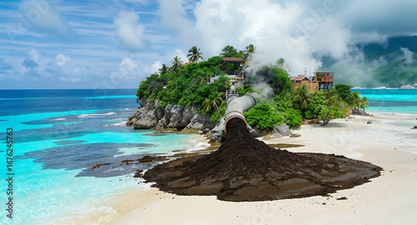Fototapeta Toxic Sludge Pipe Pollutes Pristine Tropical Island Beach and Turquoise Ocean, Highlighting Environmental Disaster and Ecological Impact