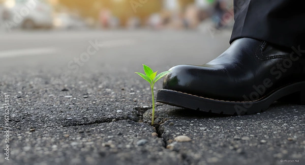Fototapeta Green plant pushing through asphalt crack, threatened by a business shoe. Symbol of resilience, growth, and overcoming adversity.