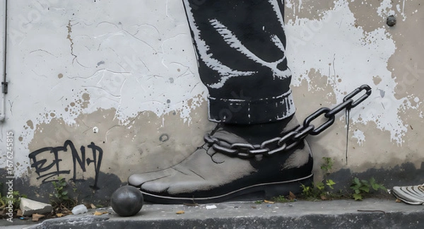 Fototapeta Mural of a chained foot with ball and chain on a weathered urban wall, symbolizing confinement and social struggle.