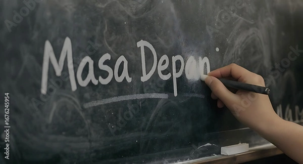 Fototapeta Hand Writing "Masa Depan" (Future) on a Chalkboard with Chalk, Symbolizing Education, Learning, and Hope for the Future