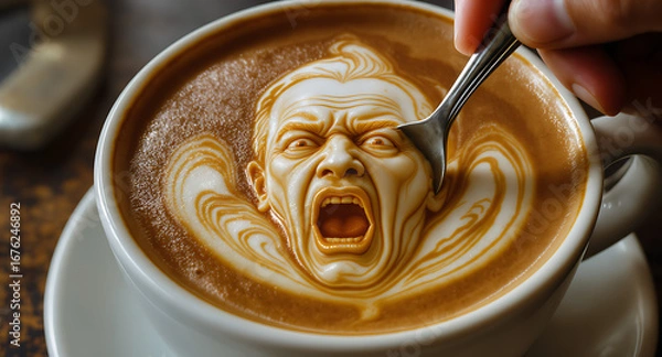 Fototapeta Screaming Face Latte Art in Coffee Cup with Spoon Stirring