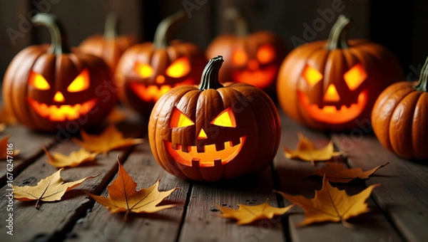 Fototapeta Glowing Halloween Pumpkins on Rustic Wooden Table