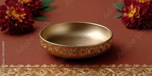 Fototapeta festive postcard art, a traditional postcard design featuring a brass thali of sweets and diyas at the bottom, a henna-inspired floral border in golden tones, a saffron background fade, and an empty