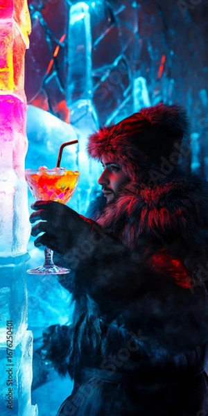 Obraz Man in a fur coat holding a colorful cocktail, standing against an icy backdrop illuminated with vibrant blue and pink lights, showcasing a unique winter experience