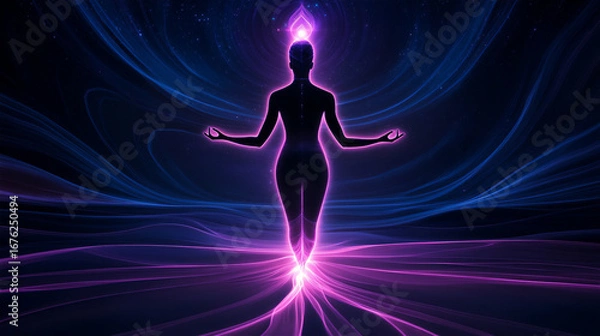 Obraz Silhouette of a meditating figure surrounded by vibrant energy waves, representing the essence of kundalini yoga and spiritual awakening in a cosmic atmosphere