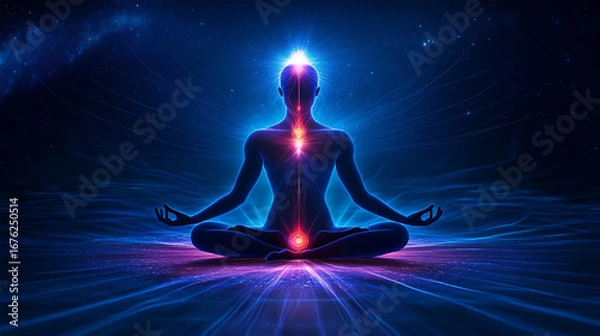 Obraz Meditative figure in lotus position surrounded by vibrant energy, glowing chakras illuminating the dark cosmic background, representing the essence of kundalini yoga and spiritual awakening