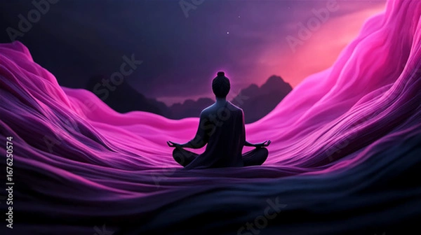 Obraz Silhouette of a meditating figure surrounded by flowing pink and purple waves, embodying tranquility and spiritual awakening in a serene, ethereal landscape