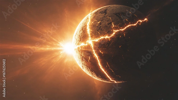 Obraz Explosive cosmic event showcasing a planet engulfed in fiery cracks and radiant light, set against a dark starry background, illustrating the power of celestial phenomena