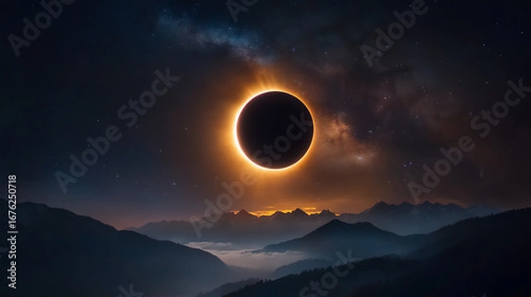 Obraz Total solar eclipse over majestic mountain landscape, showcasing celestial phenomenon with glowing corona and starry night sky, creating a breathtaking cosmic experience
