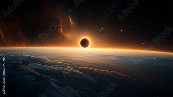 Obraz Total solar eclipse viewed from space, showcasing the sun's corona and celestial atmosphere, with a dramatic horizon and cosmic elements enhancing the visual experience