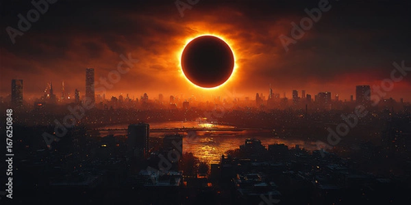 Obraz Total solar eclipse over a city skyline, with dramatic clouds and glowing sun halo, creating a breathtaking celestial phenomenon in the night sky