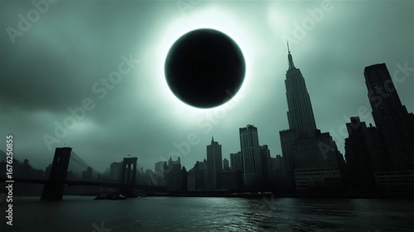 Obraz Total solar eclipse casting a shadow over a city skyline, with dark clouds and reflections on the water, creating a dramatic celestial atmosphere