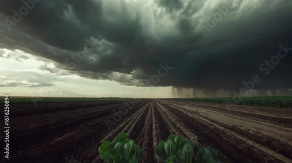 Obraz Dramatic landscape featuring dark storm clouds looming over freshly plowed agricultural fields, with rows of crops stretching into the distance, capturing nature's power and beauty