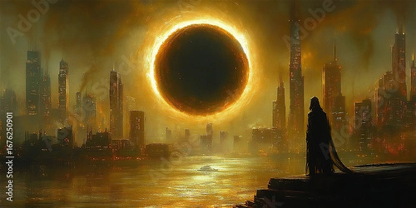 Obraz Dark silhouette of a figure stands by the water, gazing at a total solar eclipse over a futuristic city skyline, creating a dramatic and surreal atmosphere
