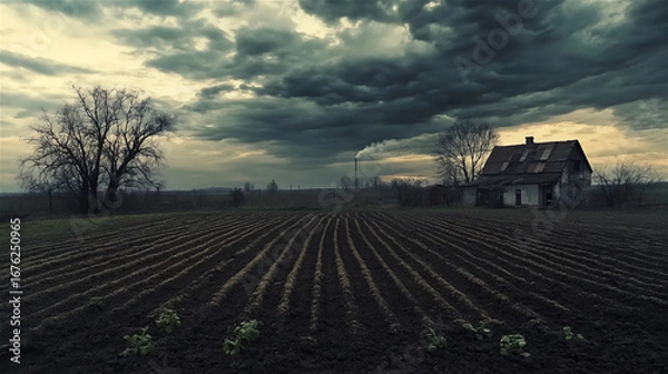 Obraz Expansive view of a rural landscape featuring a weathered farmhouse, dark clouds overhead, and freshly plowed fields, evoking a sense of solitude and nature's beauty